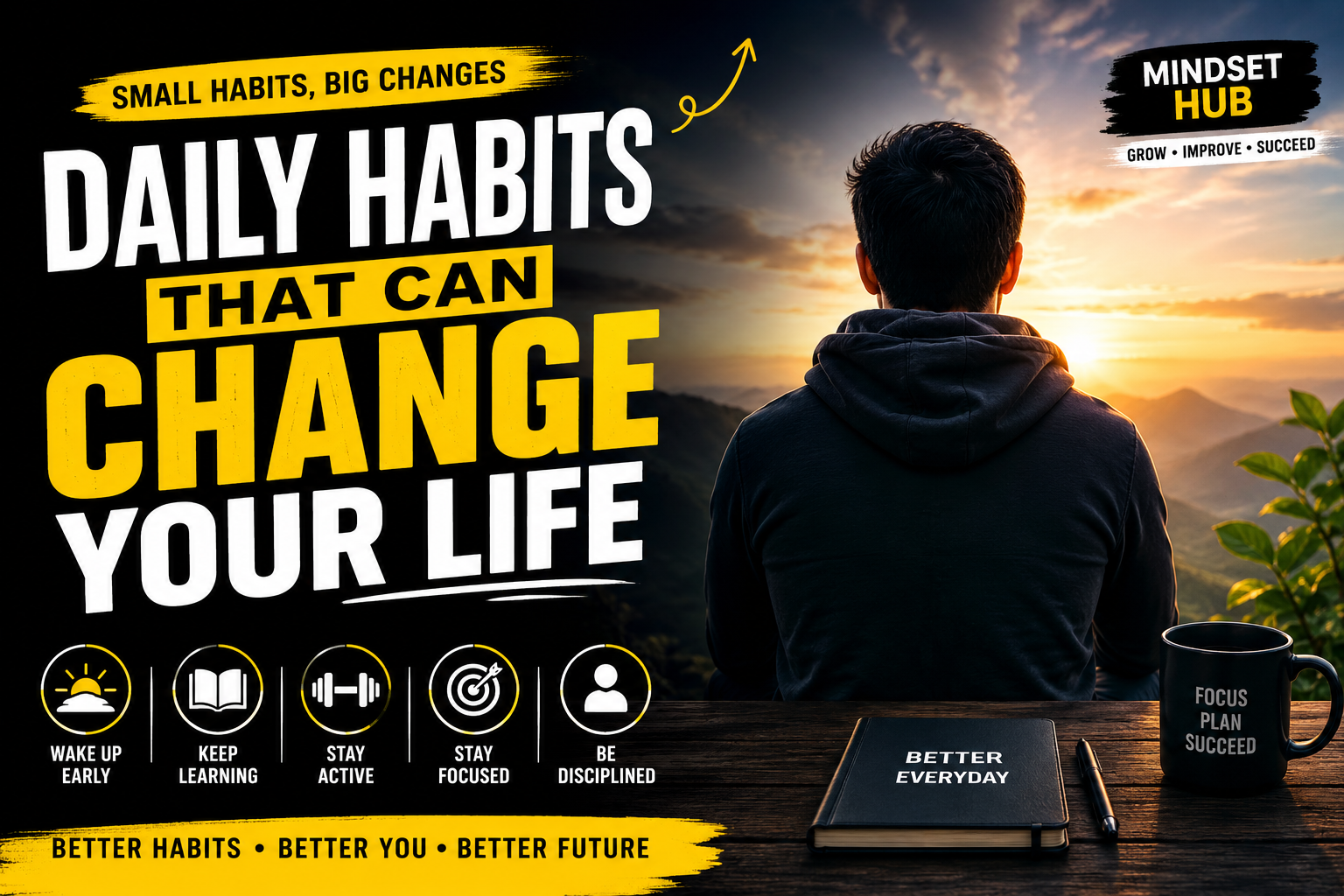 Daily Habits for Success Banner showing morning routine and productivity habits